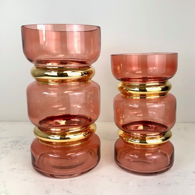 Pink Glass Vase with Gold Bands