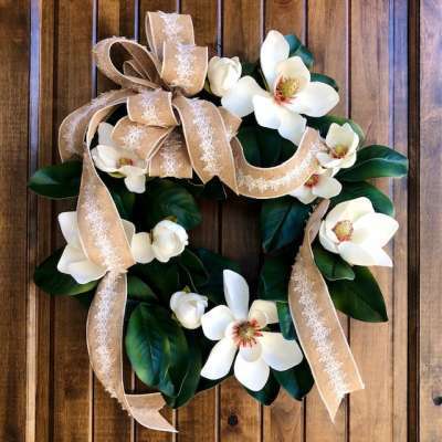 Magnolia Wreath with Tan and White Burlap Ribbon