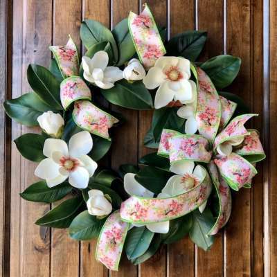 Magnolia Wreath with Pink and Green Floral Ribbon